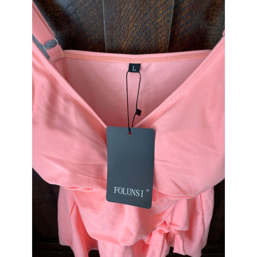 Coral Pink Twist Front Swimdress Large NWT Skirted Swimsuit Gold Tone Detail - Picture 2 of 3